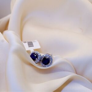 925 Silver Blue Sapphire Halo Stud Earrings-0.61 CT Lab Sapphire+0.23 CT Diamond